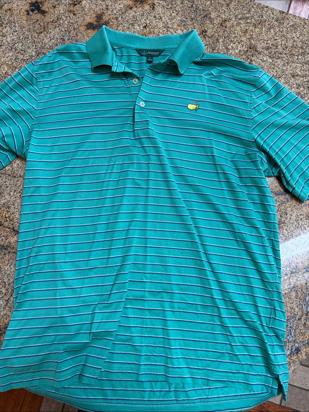 Masters Turquoise Striped Polo with Yellow Logo